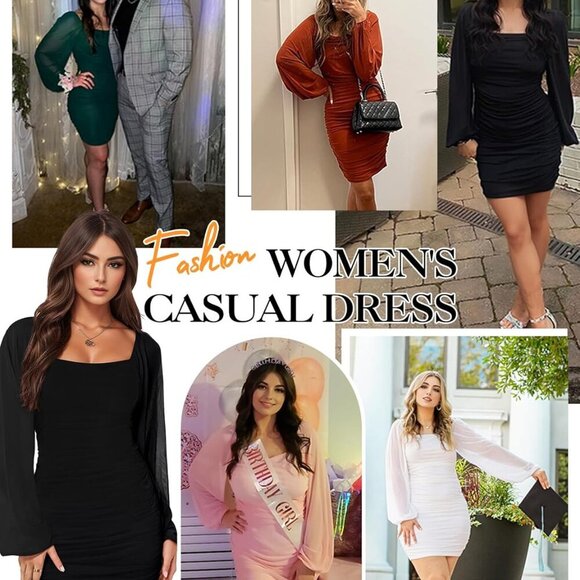 Women's Mesh Bodycon Dress Long Sleeve Mini Party Club Cocktail Sexy Loose - Picture 7 of 7